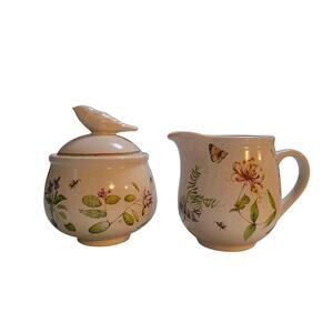 Marjolein Bastin Creamer & Sugar Bowl Ceramic Bird on Lid Wildflower Meadow